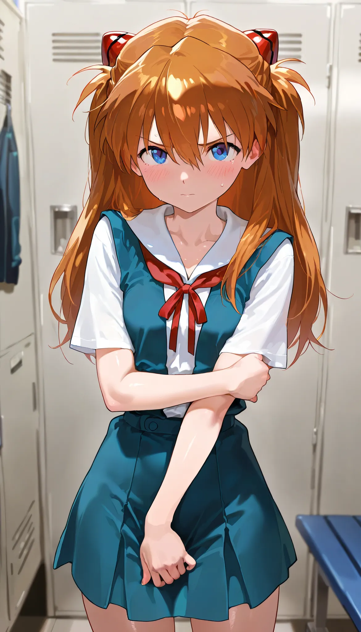 high resolution picture, masterpiece, best quality, amazing quality, 8k,solo, 1girl, asuka langley,detailed face,blush, school uniform,cowboy shot, small breasts,shiny skin,front view,locker room,covering body,
looking at viewer,shiny skin, blush,  