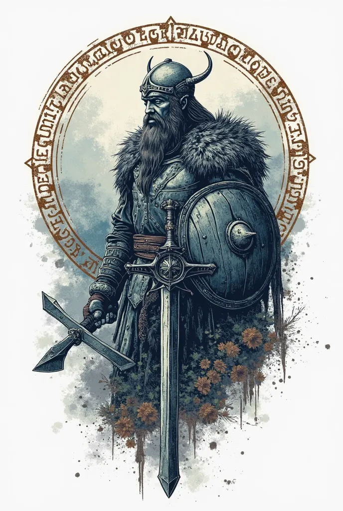 "Vintage Viking-style t-shirt design on a pure white background. The artwork should feature intricate Nordic elements, including Viking warriors, axes, swords, shields, and runes, with a rugged and battle-worn aesthetic. The design should have a hand-drawn...