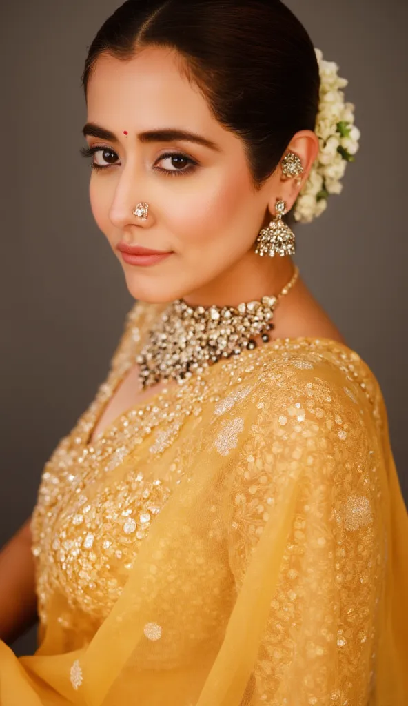 Generate a ultra realistic close up image of a woman in a golden yellow saree. She is wearing a golden shimmering blouse with mirror sequins. It has no sleeves, has a golden satin finish with spaghetti straps. Looking at the camera. Standing straight.