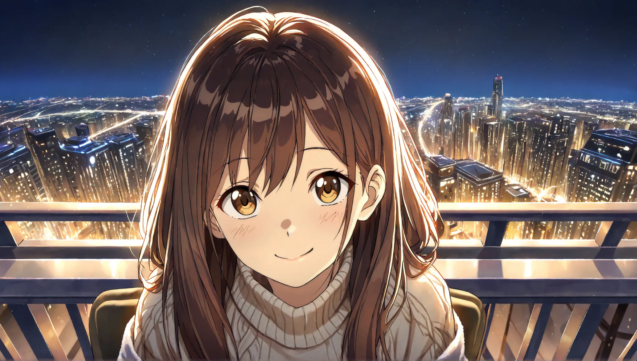  girls, long brown hair,background：   night  , balcony with a view of the sky, view the city lights in the distance ,
 relaxed smile ,  Costume ： Warm sweaters and blankets , rest on a chair on the balcony,view up    night   sky,
silent    night  、 relax ,...