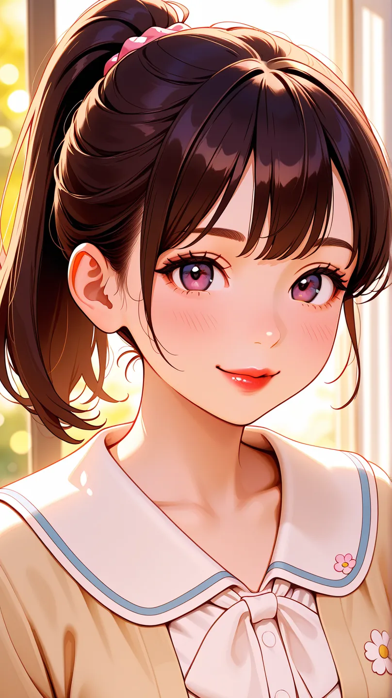 1 girl,The cutest in the class,Poyo poyo boobs, red lips,smile,ponytail,realistic, lori,Beautiful Japanese middle school girl with chewy skin ,High quality 4K rendering,realistic,professional,Vivid Colors,Bokeh, elaborate digital illustration,Delicate Text...