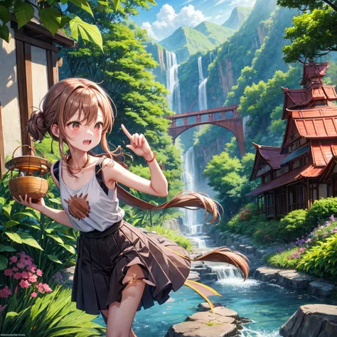 pink brown brown gold hair、 eye、  Has hair tied  、Two cute people、 Check Mini Skirt、  black t-shirt、 Light clothing、 Layering、tank top、 camisole、high socks、 Boots、 teeth inside、  The Road Is Crooked 、Mountain々、Stick together  、 bamboo forest、 chest pocket ...