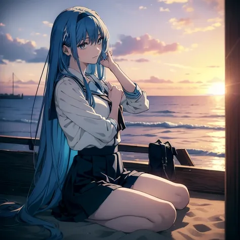 ((((masterpiece,   Top Quality ,  super high resolution)))),   ((I'm wearing a Tokiwadai Junior High School uniform)),((、南国のon the beach))1 girl, (((blue super long hair-と，I'm wearing a C-shaped hair band, an accessory to hold down my hair, and a headband，...