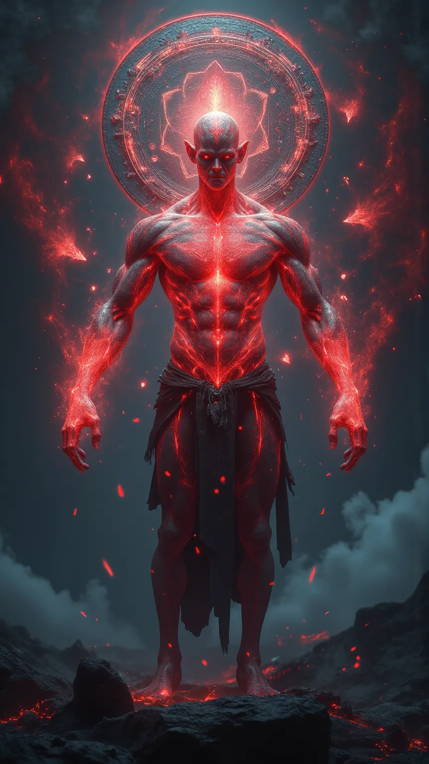 with high image quality、paranormal beings reaching the state of Zen。 red energy pulsating through a muscular body、Behind it is a huge magic circle of gods々Shines brightly。dark fantasy art with a mystical atmosphere。