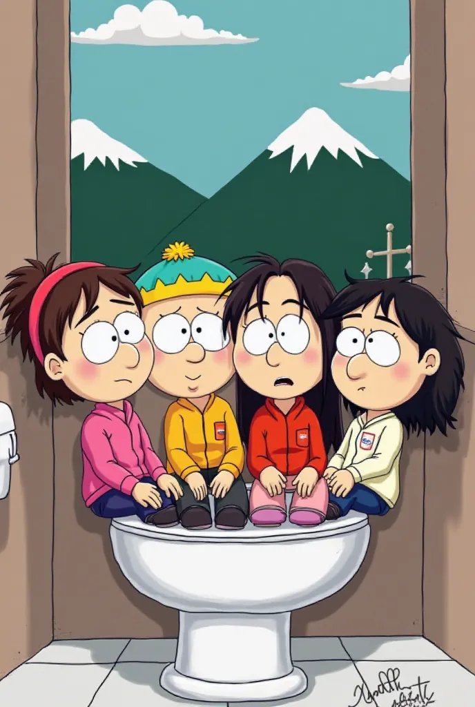 Create an image in the shape of South Park with 4 people three girls and a boy who are sitting on the toilet trying to do the. Poop