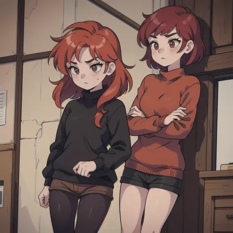  A two girls with a focused, red hair, thin black sweater, brown shorts, black tights, 