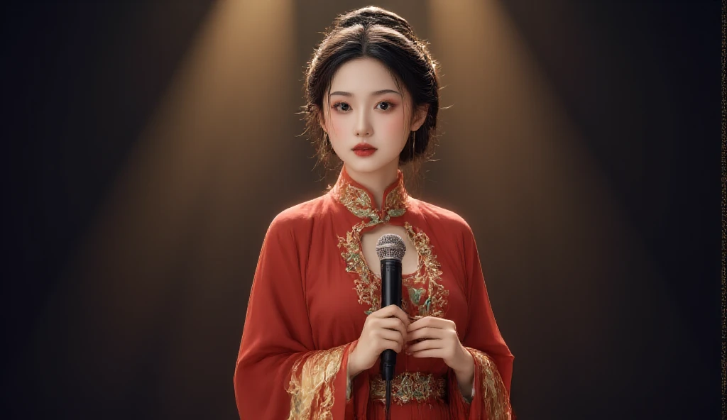 The background should be sleek and dark and gold with subtle lighting patterns or gradients to give it a concert background vibe. Include a realistic character in the foreground, dressed in red han-fu chinese clothing ,  The character is a chinese asian gi...