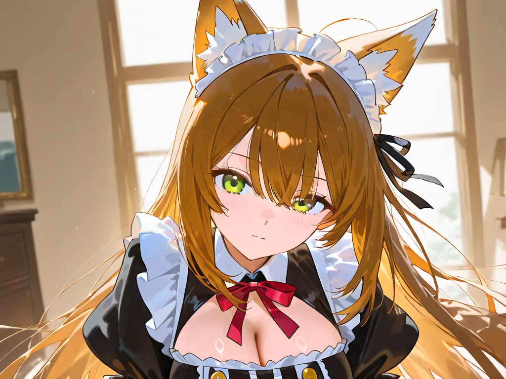 Please draw a big-breasted, fox-eared maid with straight hair, golden brown hair, green eyes