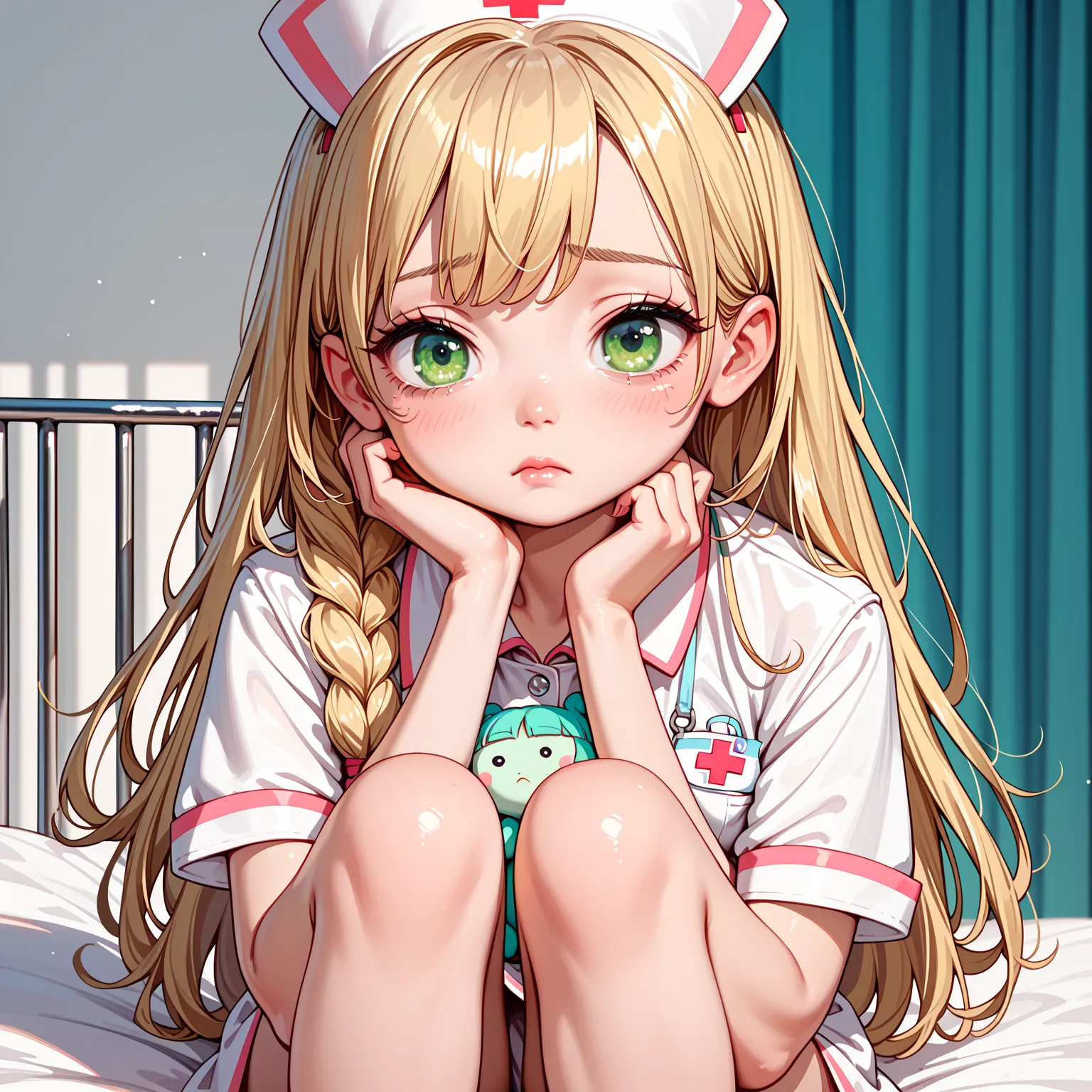 Blonde long hair toddler, daytime, head shot, round face, sad face, girl: 1, green eyes, fair skin, peach nurse uniform, nice legs.