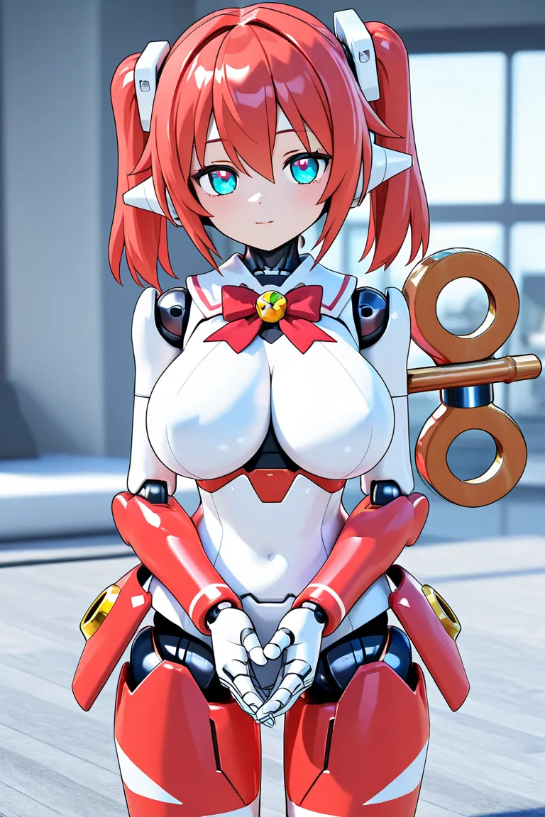 anime style, 1girl, younger female, big breasts, humanoid robot, doll joints, mecha musume, winding key, kuudere, cute, 3d, perfect hands, high resolution, high quality, hd