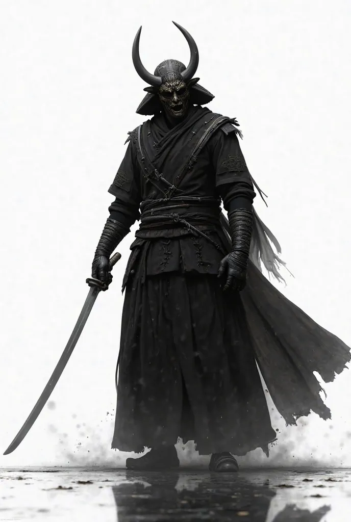 Generate me a samurai with an oni mask , de trois quarts,in black and white on a white background