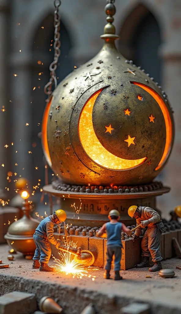 Miniature workers assembling a giant Ramadan lantern, hammering metal plates, tightening massive bolts, and polishing the barrel. Sparks fly as welders secure the joints, while a team of workers loads a giant decorative cannonball engraved with crescent mo...