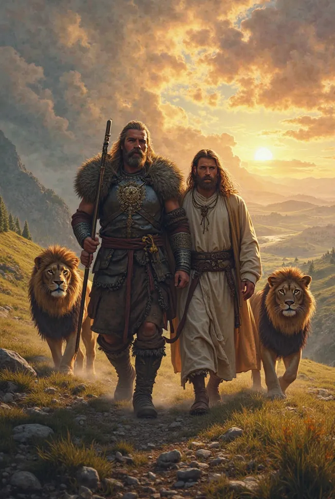 Un viking qui marche accompagné de Jésus Christ et qui sont accompagnés par des lions, écrire The world is ours