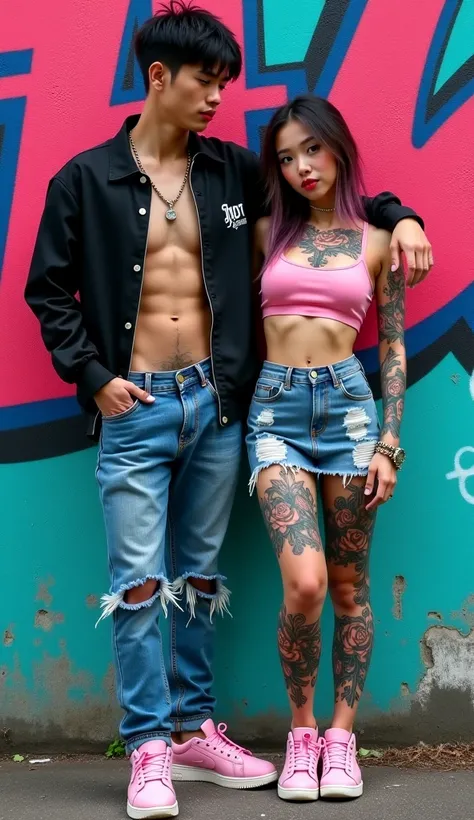 (highest image quality), (masterpiece), (vibrant, photography realistic, Realistic, Dramatic, Dark, Sharp focus, 8K), a couple young korean man and korean girl hip-hop, hip-hop, hip-hop, hip-hop, miniskirt jeans, rapping (((graffiti art))), in a sea backgr...