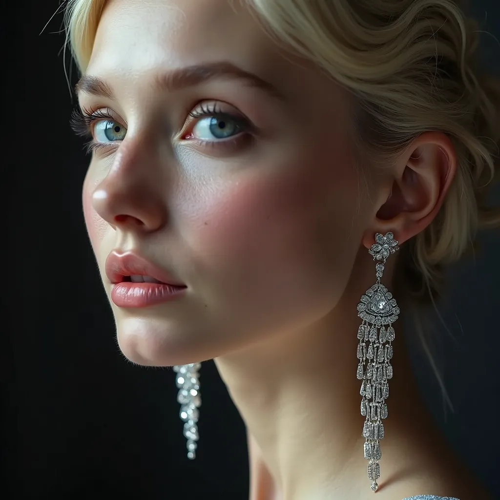 Super cute blonde woman in a dark theme, (masterpiece, best quality), intricate details, realistic, photorealistic, a close up of a woman wearing earrings, inspired by Emma Andijewska, draped in crystals, silver color, long earrings, sandra chevier, huge e...