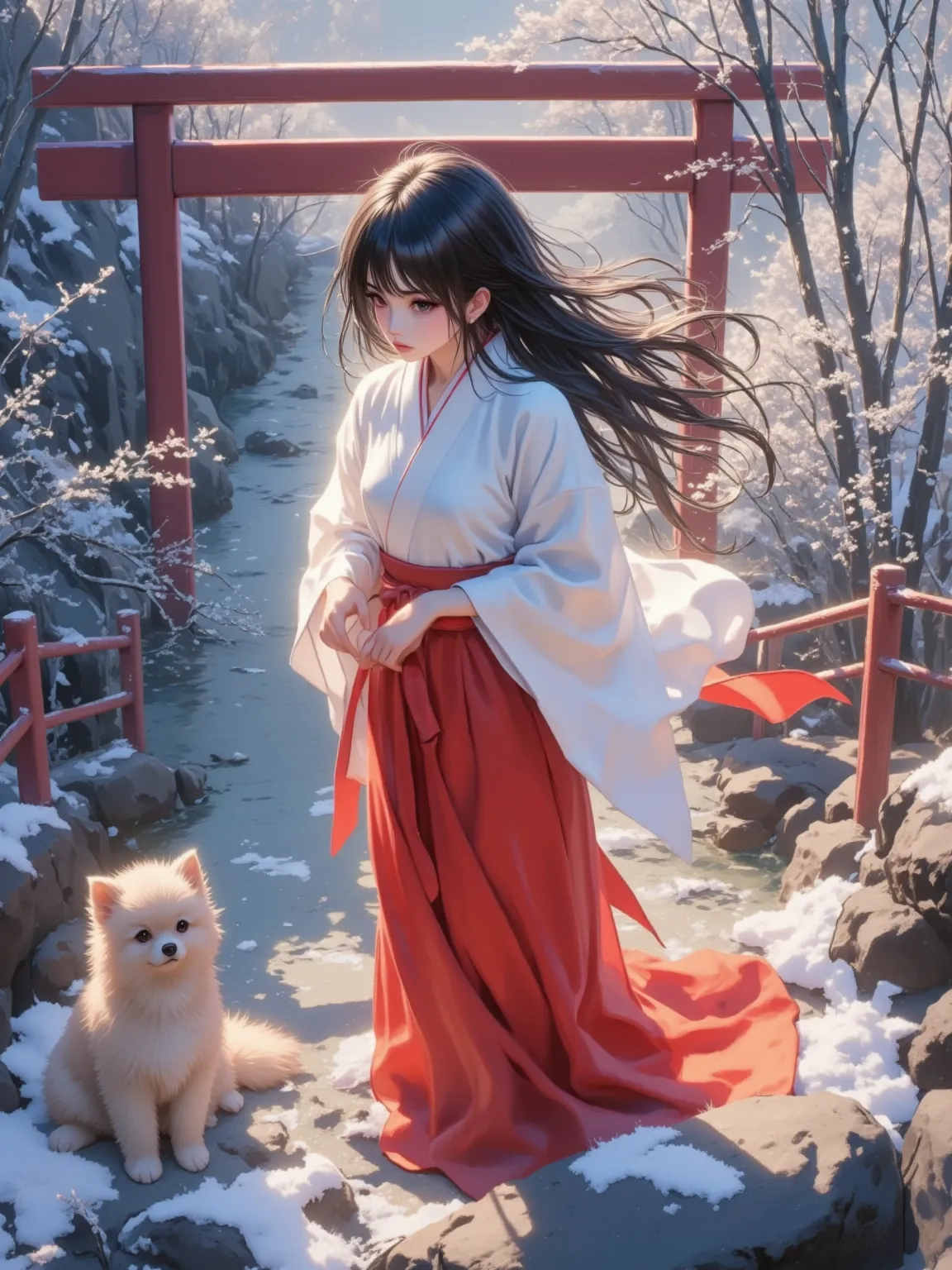 (top quality, High Resolution, masterpiece:1.4)、8k、((Handwriting、Watercolor Pencil Drawing  ))、Rai、Shrine maiden、photorealistic、excellent artistic performance、twilight with gentle wind、Taiko Bridge in the Meiji period is an arc with a red parapet、willow sw...