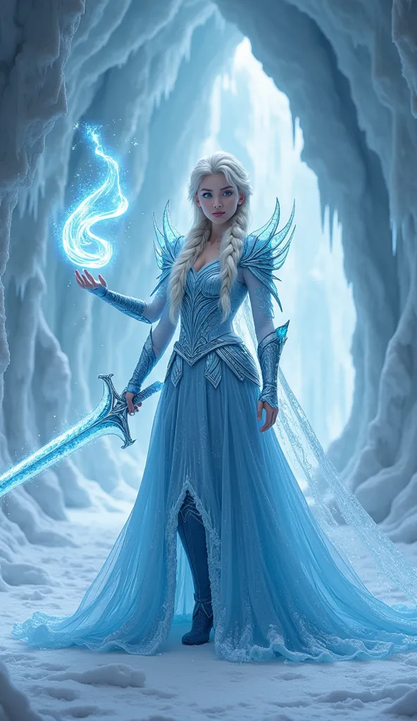 Create a stunning fantasy scene featuring a powerful ice sorceress named Elsa, reimagined as a majestic warrior queen of an icy realm. She stands boldly in the center of a grand, frozen cavern, its walls and floor glistening with smooth, translucent ice th...