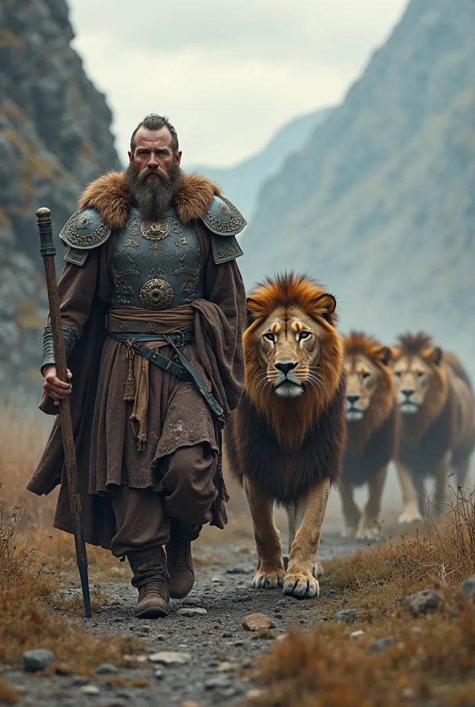 Un viking qui marche accompagné de Jésus Christ et qui sont accompagnés par des lions