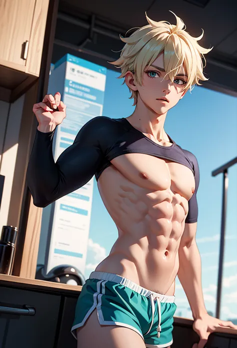 An anime picture shows a handsome, tall age boy with blonde, blue, green and white hair. He has a slim body that reflects his fitness, thin hands, his locks cover one eye, the color of his right eye is pink and the left is blue. He wears a short sports sho...