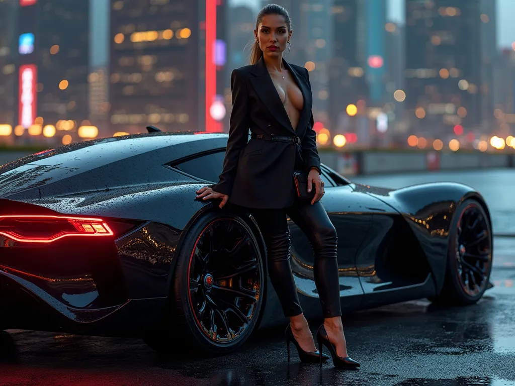 A sophisticated, high-powered businesswoman with sharp features and piercing eyes leans against the Vision One-Eleven, radiating confidence and seduction. She wears a tailored black blazer with nothing underneath, paired with high-waisted leather pants and...