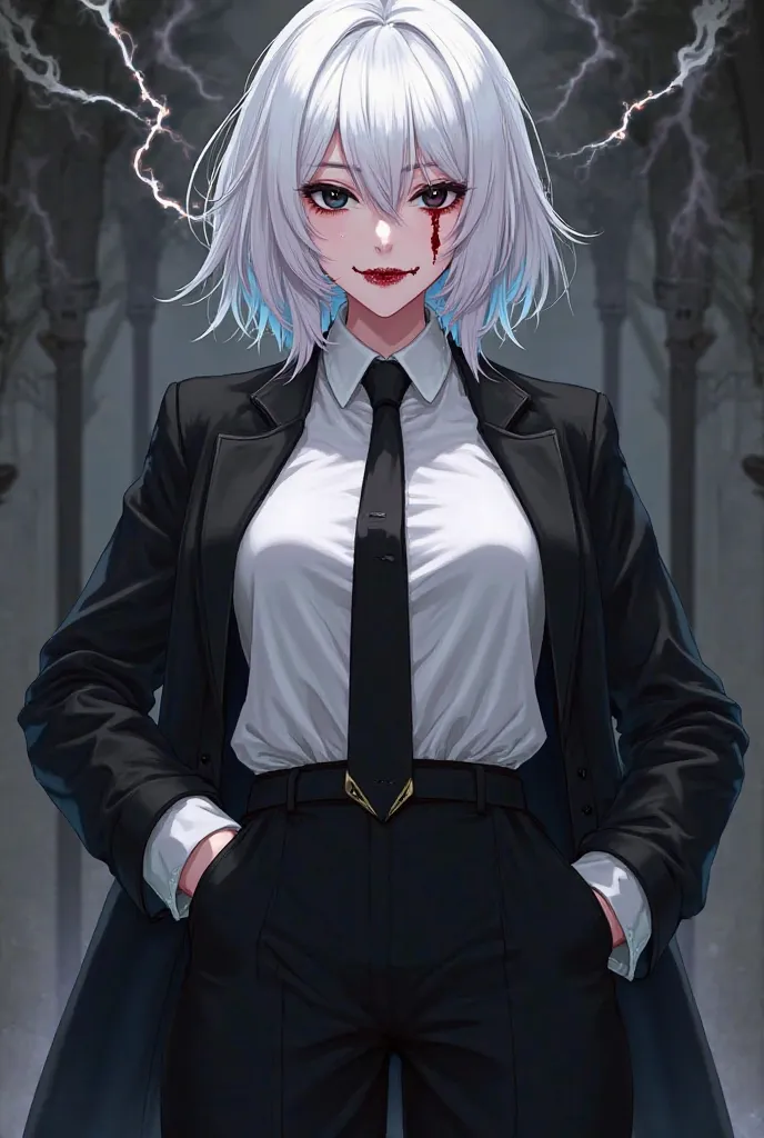 A young anime girl. With white hair and black eyes. Wearing white shirt, black jacket, black tie and black oversized long pants. In her eyes is lightning and her smirk is very bloody