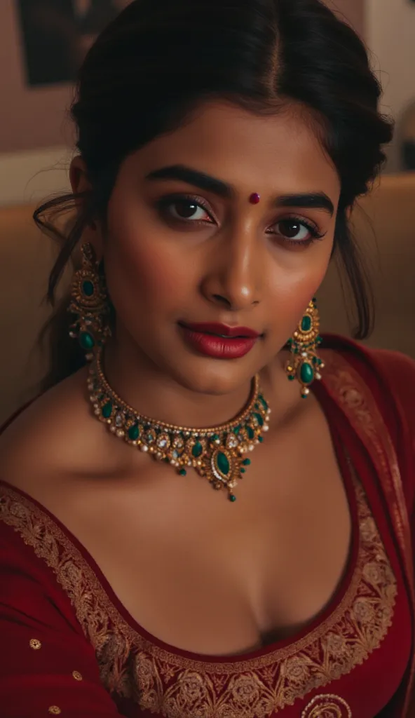 in a dimly light setting A naughty and curvaceous light neutral skin tone woman in traditional attire, wearing a deep red messed up elegant saree, no blouse piece, bare breast and intricate jewelry glass green bangles and a red small bindi between her eyeb...