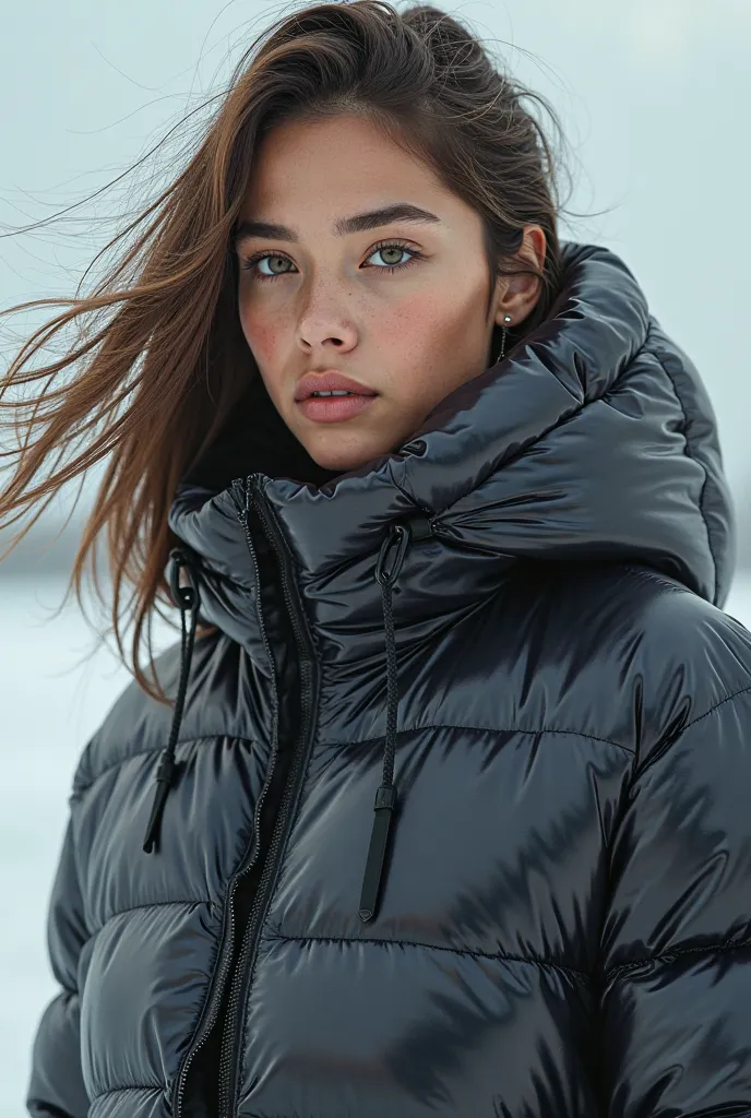 Woman in down jacket shiny  white