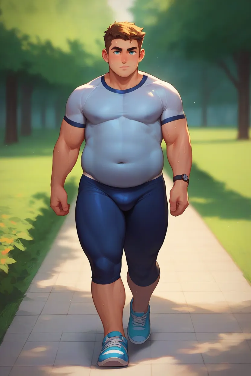 score_9, score_8_up, score_7_up, guy, solo, chubby belly, chubby cheeks, full length portrait, walking in the park, tight clothes, hot weather, sweaty