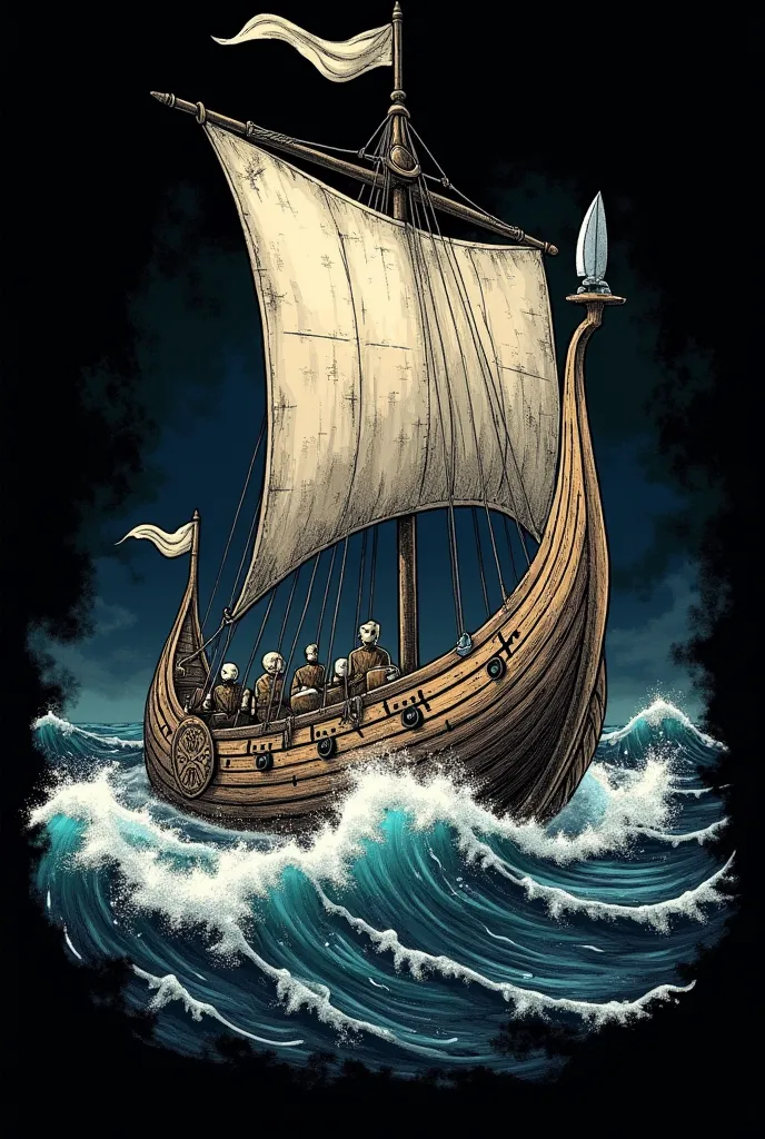 "Vintage Viking-style t-shirt design on a pure black background. The artwork should feature a detailed Viking longship sailing through a stormy sea, with fierce waves and a dramatic atmosphere. Include traditional Nordic elements such as shields on the shi...