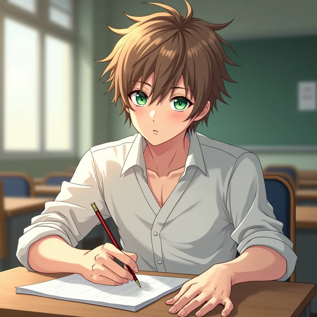 Create an image of a boy with anime style who has messy light brown hair, white skin, emerald green eyes and who is ultra mega-super exaggeratedly handsome, handsome and attractive, with hunter's eyes, symmetrical features, sunken cheeks, a marked and stro...