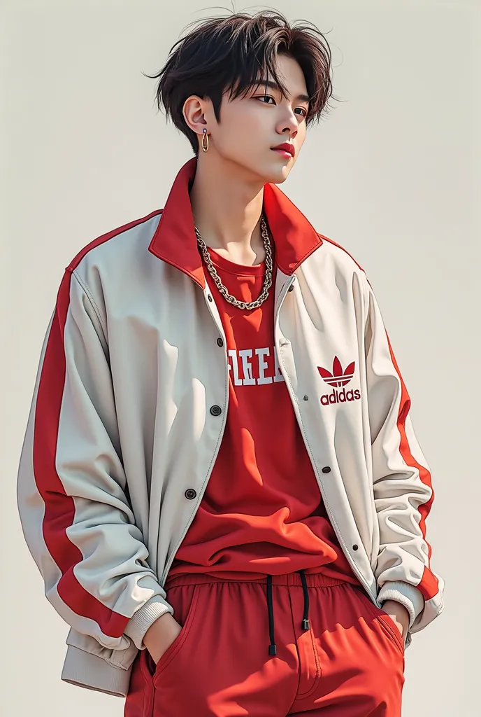 araffe wearing a white jacket and red pants with a red and white jacket, a picture inspired by Bian Shoumin, tumblr, digital art, cai xukun, park jimin, jimin\'s right eyelid swollen, jungkook, kim doyoung, jimin\'s plump lips, jimin, bladee from drain gan...