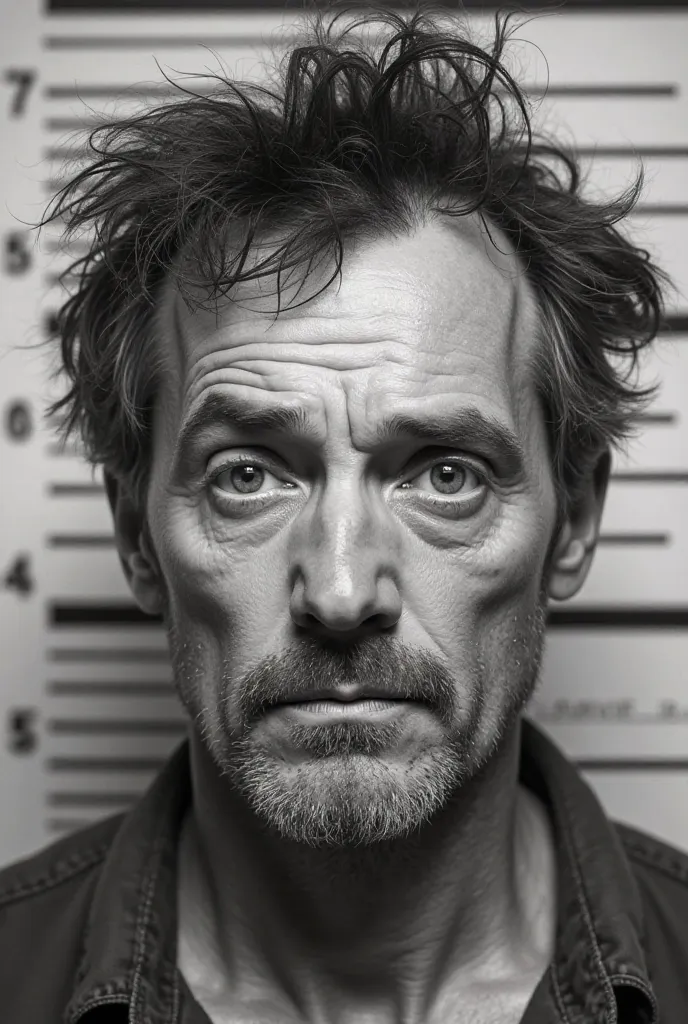 A black and white mugshot of a rugged-looking man in his late 30s or earlwith messy, damp hair sticking to his forehead. His face is gaunt, with hollow cheeks, deep-set eyes, and visible stubble, giving him a hardened, worn-out appearance. His expression i...