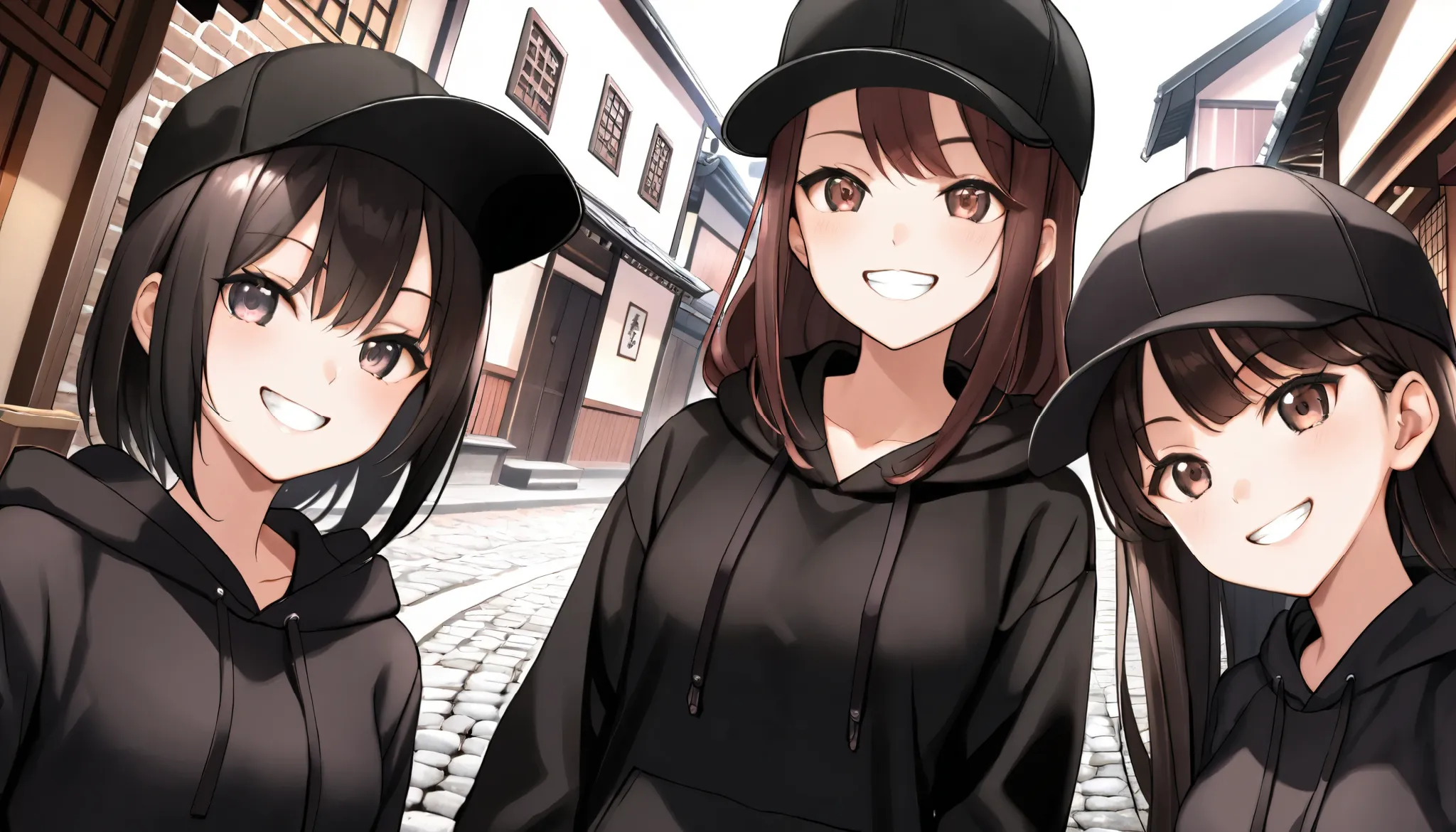 (( masterpiece , Top Quality , dynamic angle ))、((( 3 girls , a simple design Black hoodie , a simple design black cap , grin , smile , serious )))、( detailed face , Edo , streets, cobblestone lanes )