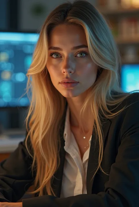 a beautiful girl with long blonde hair, detailed eyes, nose, and lips, wearing  professional outfit, siting in her office, using her computer, hp comuter (best quality,4k,8k,highres,masterpiece:1.2),ultra-detailed,(realistic,photorealistic,photo-realistic:...