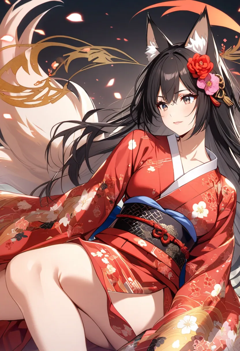  red floral kimono 　A woman in her late 20s with long black hair and fox ears　Nine-tailed fox