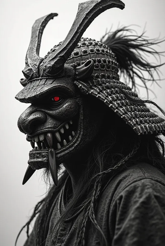 Generate a samurai head with an oni mask, de trois quarts et en noir et blanc