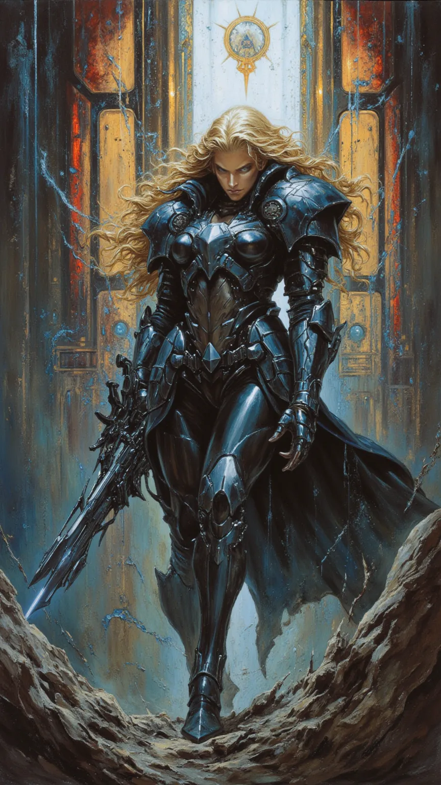 full body, Female Knight， art ，sci-fi，future，weapons，sexy，long golden hair，Wayne Reynolds draws，in a highly detailed and dynamic style, Luminescence，Battle Screen