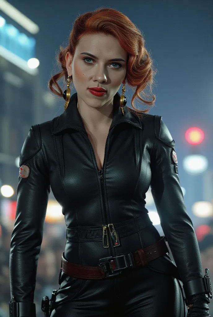 She is wearing a sleek, form-fitting black latex suit with subtle tactical elements, such as a utility belt and holsters for gadgets. Her red hair is styled in a loose braid, framing her striking green eyes that convey determination and intelligence. She s...