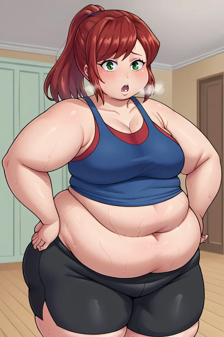   score_9,  a girl, Alone , María Janems  (big fat body ) ,  red hair,  ponytail ,    green eyes  ,   blue tanktop, black yoga shorts, Looking at the spectator,  cowboy shot ,   hands on hips, (clothes that fit your big ,  fat body size ), out of breath, s...