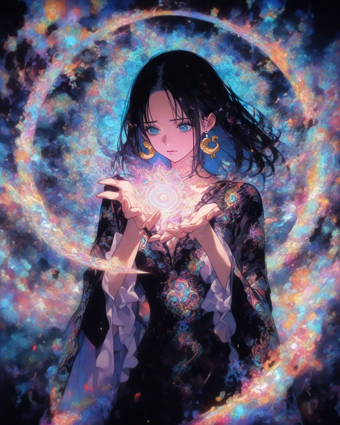 masterpiece, highres, best anatomy, 9_score, 9_score, illustration, manga art, pastel art, newest, 1girl, fine lady, boa hancock /(One Piece)/, lament, sad, long black hair, earrings, (absurdes, complex background, love ornament, fractal arc:1.3), (snake o...