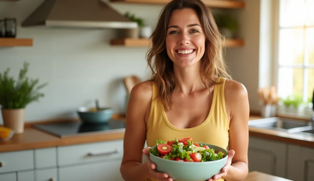 A happy woman holding a bowl of fresh salad, enjoying healthy eating in a well-lit kitchen. The scene presents a positive, vibrant lifestyle cantered around nutrition and joy