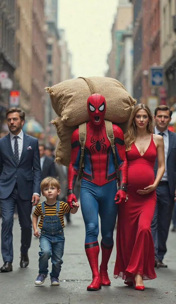 "A highly detailed and ultra-realistic cinematic scene set in a bustling metropolitan street, filled with tall buildings, pedestrians, and corporate professionals in formal suits. The central focus is on Spider-Man, dressed in his iconic red and blue suit ...