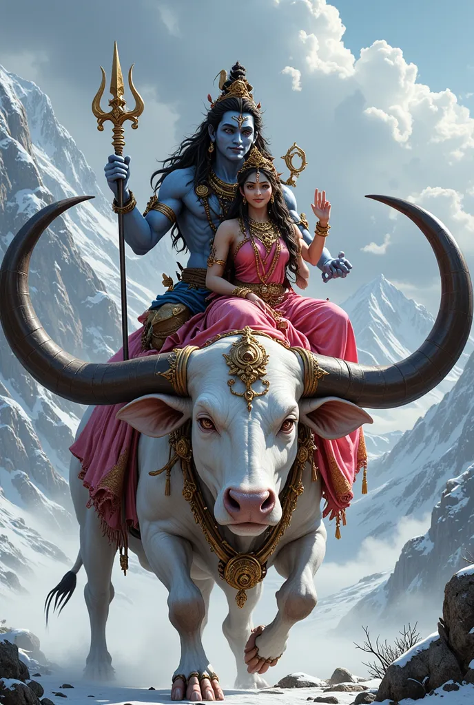 Hindu gods shiv and parvati, both sitting full body on the big white bull with big black horns, god shiv blue skin with matted hairs, holding trident, goddess parvati wearing pink saree with gold jewellery, in the snowy mountains