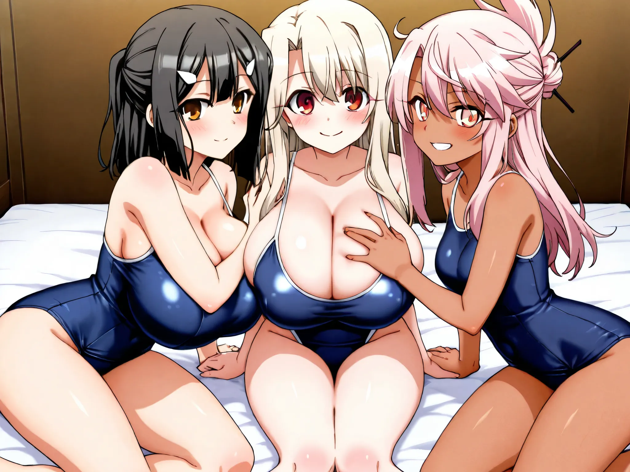 masterpiece, best quality, newest, absurdres, highres, 3girls, (Illyasviel von Einzbern), Fate/kaleid liner Prisma Illya, miyu edelfelt, chloe von einzbern, (regulation navy blue one-piece swimsuit, school swimsuit), gigantic breasts, huge breasts, mega br...