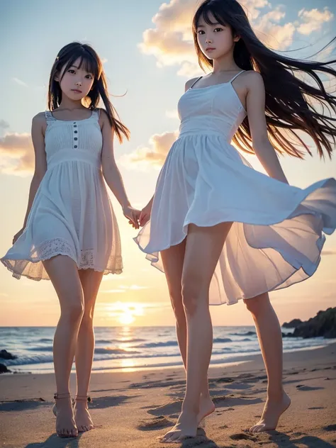 (8k), (best quality), (masterpiece:1.2), (realistic), (photorealistic:1.37), super detailed, (), Japanese Girl,TWO GIRLS, Young face, Juvenile body, Thin arms, cute, Beautiful hair blowing in the wind,Beautiful big eyes , in the ruins,  black hair, beautif...