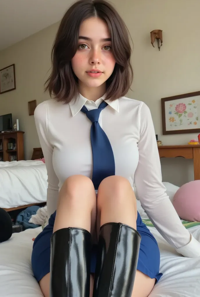 Woman, sitting on bed, School uniform, 22 years old, white blouse, BLUE tie, BLUE skirt, Black boots, FAT legs