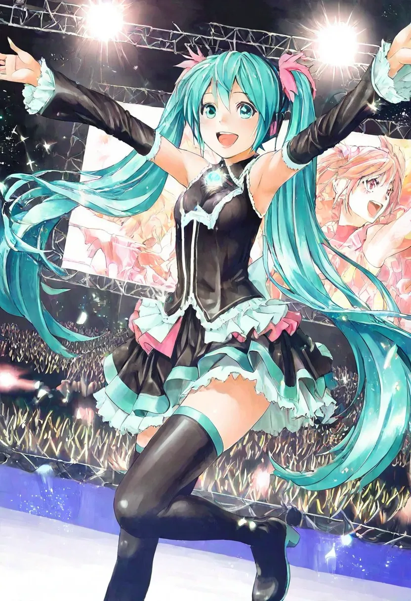 (best quality in running a company :1.2)，Kin Obata  ,masterpiece, best quality, ultra detailed, highest quality,  1girl ,  Hatsune Miku,  vocaloid , aqua twin tails, very long hair, magical girl idol, beautiful detailed eyes, bright eyes, dynamic pose, sin...