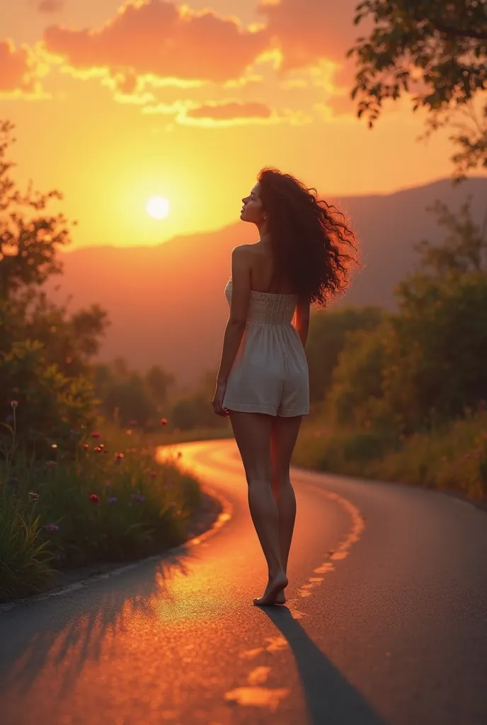 Medium-bodied woman with dark brown curly hair on her back looking up and walking on a road with the sunset illuminating the road 