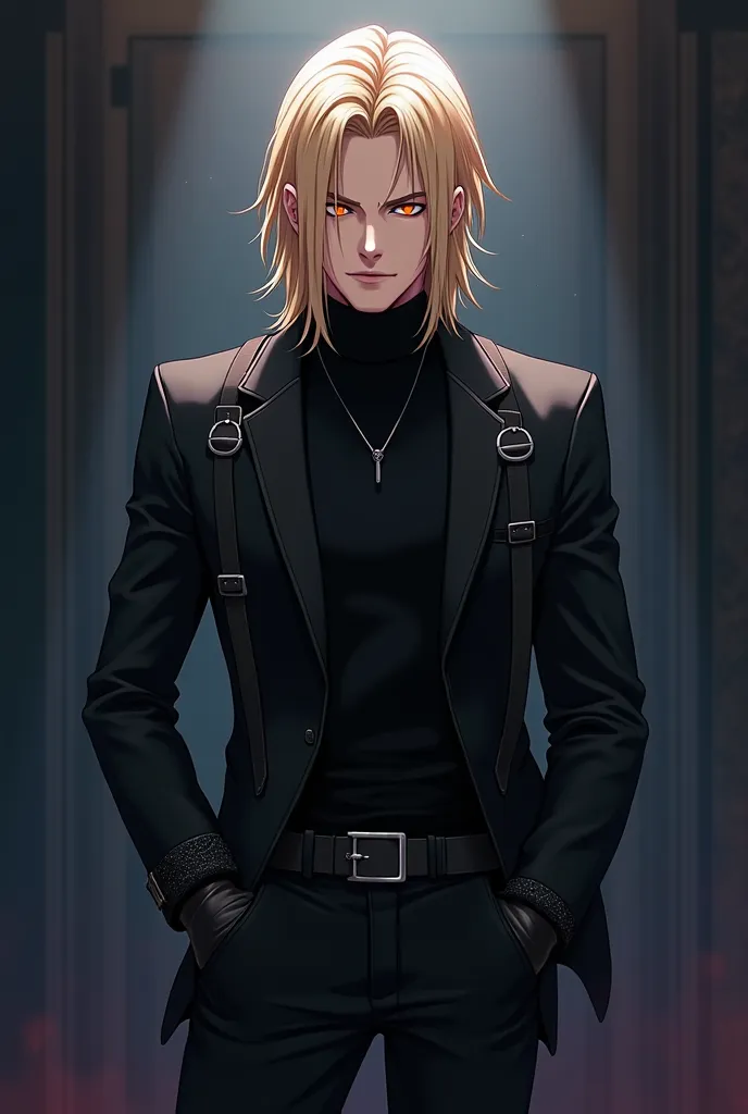 blonde anime man, mature, medium hair, pastel colors, elegant, dark background, black turtleneck, yandere gaze, gleaming eyes, shoulder belts, black jeans, leather gloves