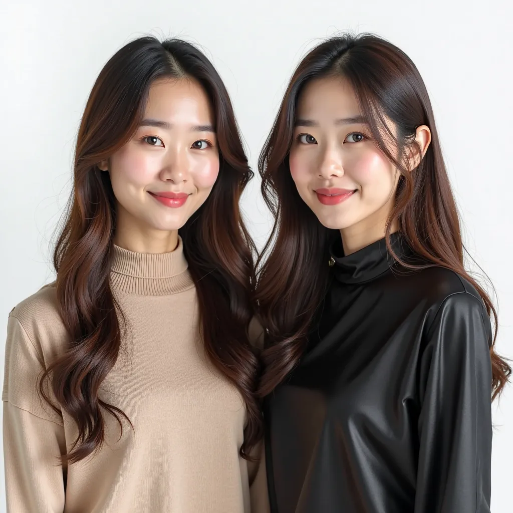 A highly realistic side-by-side portrait of two Korean hijab women, one 25 years old and the other 26 years old, standing against a clean white studio background. Both women have youthful, smooth skin and well-groomed, long wavy hair that cascades naturall...